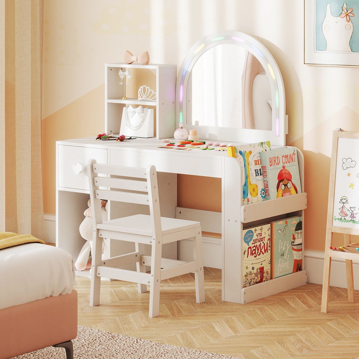 Coast : coiffeuse pour enfant avec chaise - miroir éclairé - espace de rangement - rose et blanc