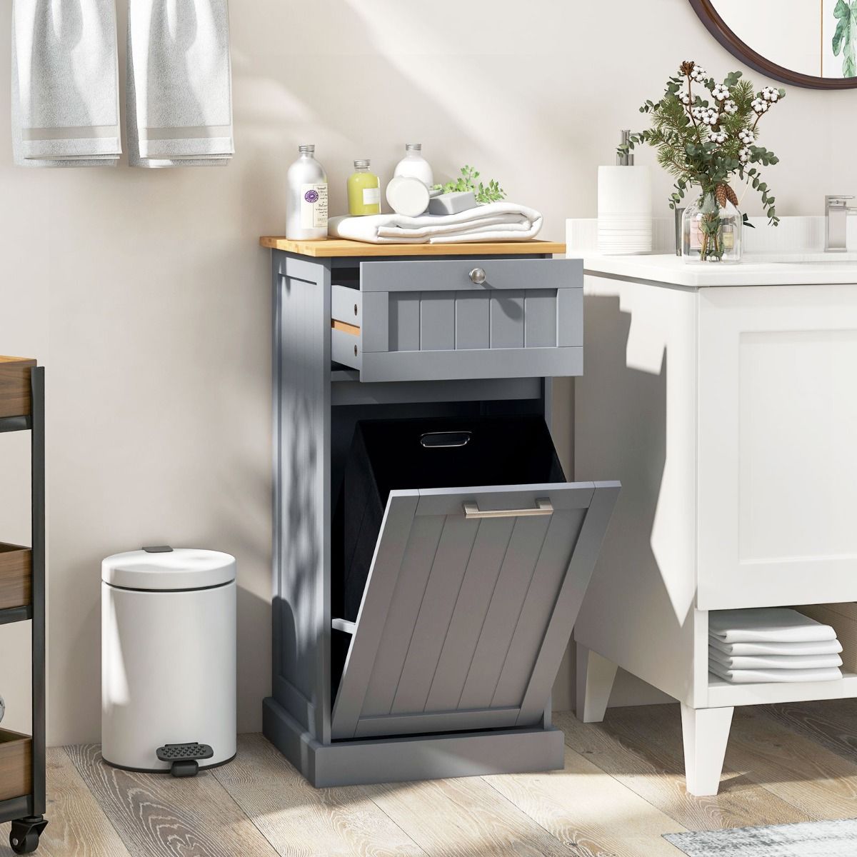 Armoire Coast avec panier à linge - tiroir et espace de rangement - bambou et MDF - blanc et naturel - 40 x 37 x 82 cm