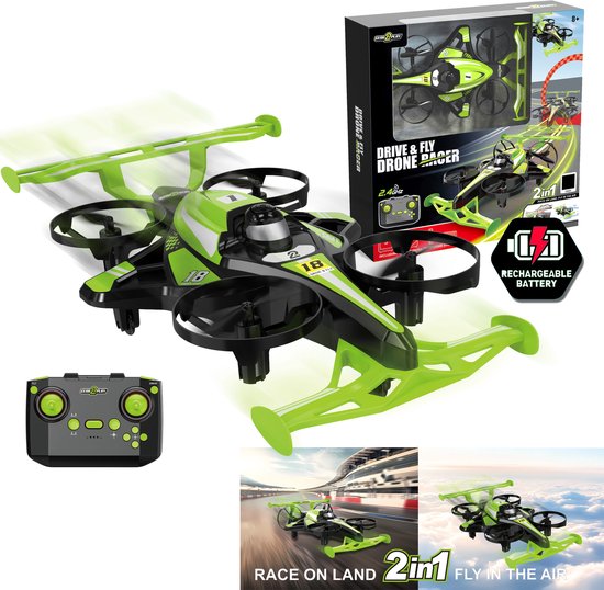 Gear2Play Drive & Fly Drone Racer vert - Drone 2-en-1 qui roule et vole - Accessoires de figures et batterie rechargeable inclus