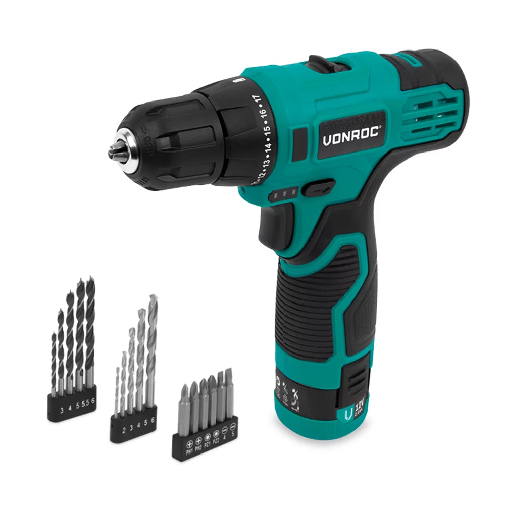 Perceuse sans fil Vonroc 12 V - Avec batterie 2,0 Ah, câble USB-C et jeu de 16 forets et embouts