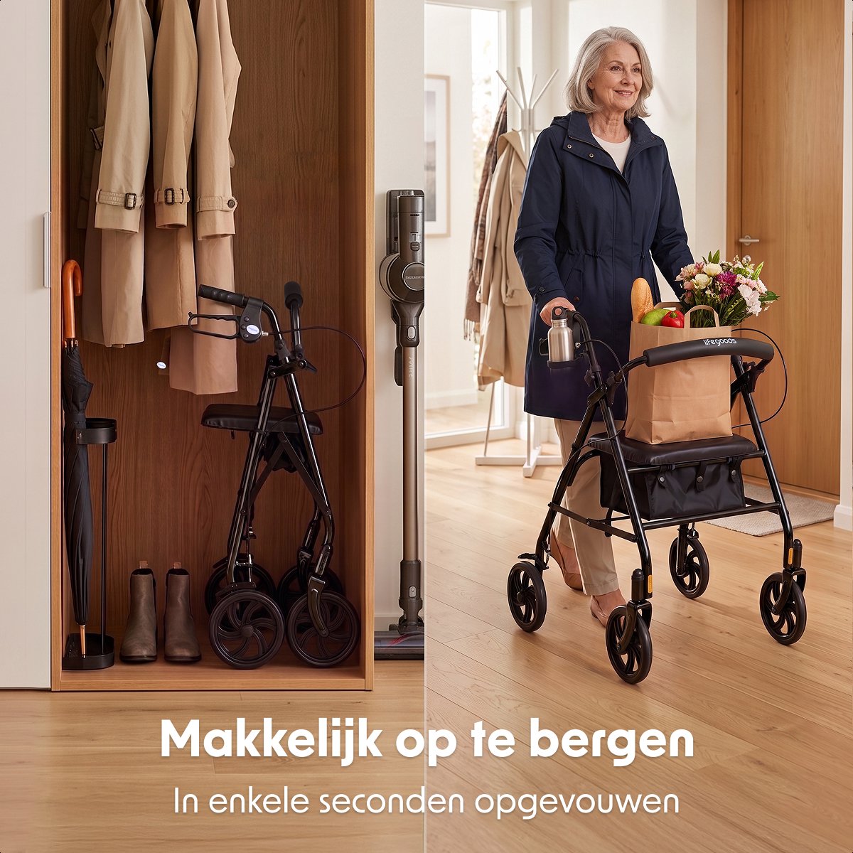 Rollator LifeGoods Basic : léger et pliable - Avec siège et dossier - Réglable de 79 à 89 cm - Capacité de charge de 136 kg - 66 x 59 x 79-89 cm - Bleu foncé