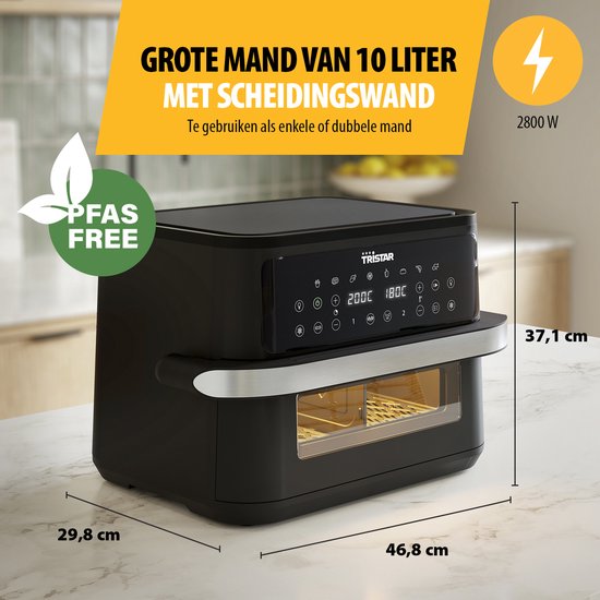 Tristar Airfryer FR-9432 - 10 L - Dual Zone Flex - Fenêtre de visualisation - 8 programmes préréglés - Répartiteur de snacks - 2 800 W
