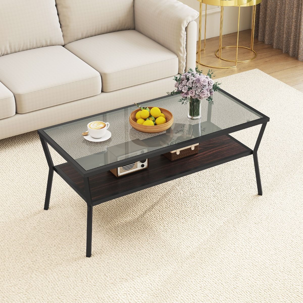 Table basse Coast rectangulaire - plateau en verre trempé - piètement en métal - gris et noir