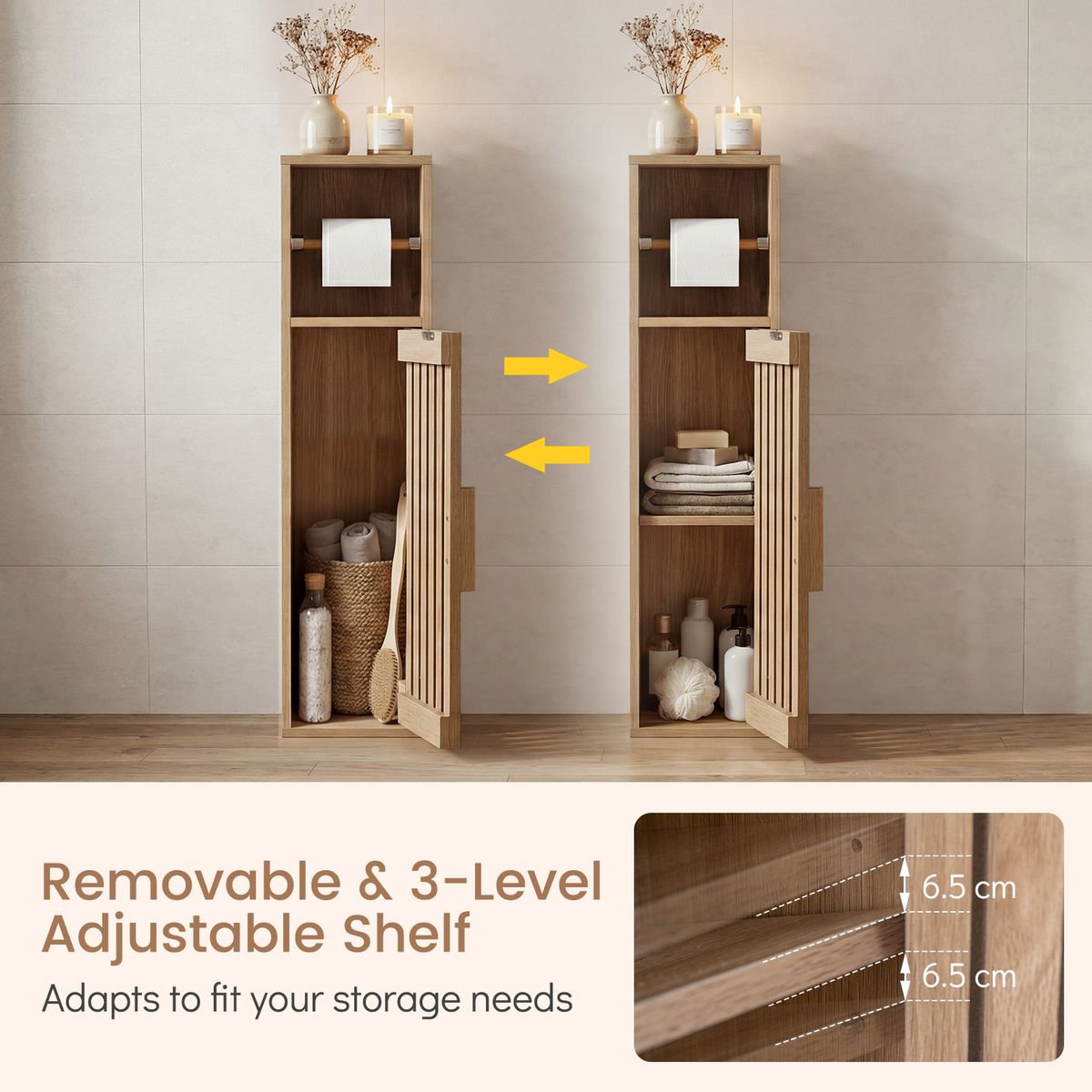 Armoire de salle de bains Coast Smalle - porte-papier toilette - étagère réglable - couleur naturelle 20 x 19 x 78 cm