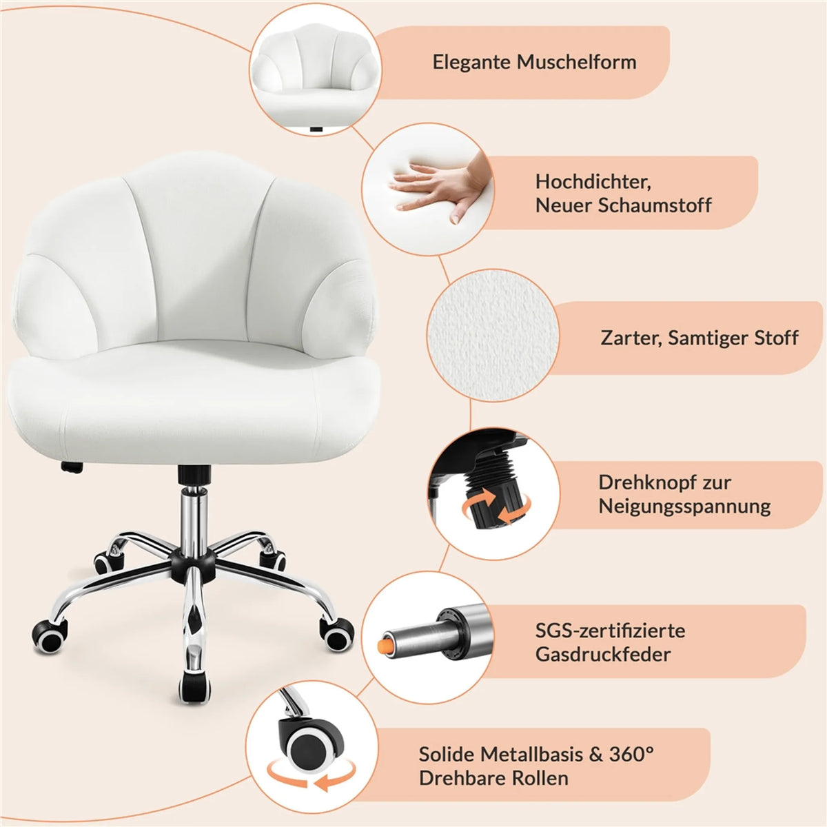 Yaheetech Chaise de bureau en forme de coquillage - avec fonction pivotante, hauteur réglable par vérin à gaz et dossier rembourré - pour le bureau à domicile et la chambre à coucher - polyester blanc et métal - 60 x 60 x 76,5-86 cm