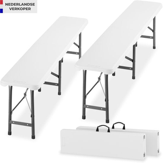 tectake® Lot de 2 bancs pliants - Bancs de jardin - 8 personnes - Banc de brasserie - Bancs portables pour table de camping - Table de brasserie - Table de pique-nique - Table de jardin - Capacité de charge de 500 kg par banc - Blanc