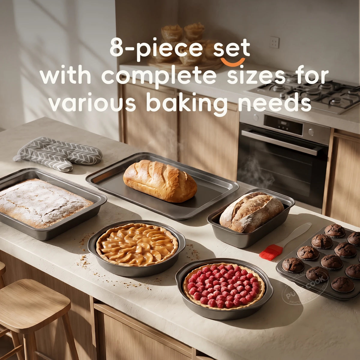 Ensemble de cuisine PURE COOK, 8 pièces - Gris - Acier au carbone antiadhésif - Moules à gâteaux, moule à pain, moule à muffins, plaque de cuisson