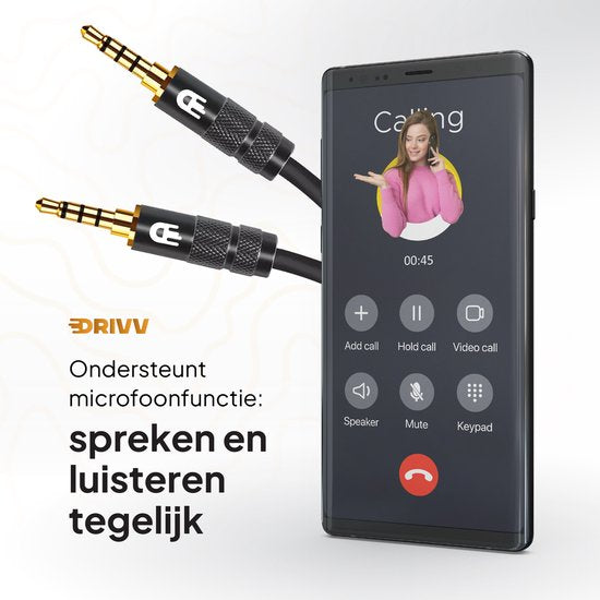 Drivv. Câble AUX 3,5 mm - Jack à Jack - Câble audio 4 pôles - Plaqué or - Mâle à Mâle - PVC - Noir - 2 mètres