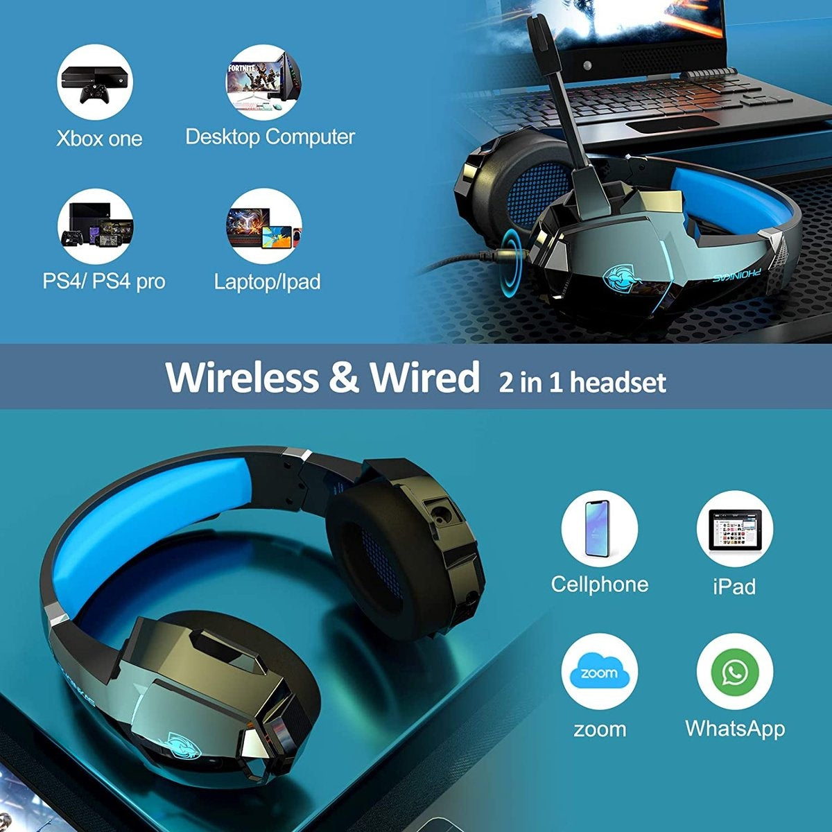 PHOINIKAS G9000 BT Bluetooth Laptop Gaming headset with microphone Over-ear Headphones -Black blue