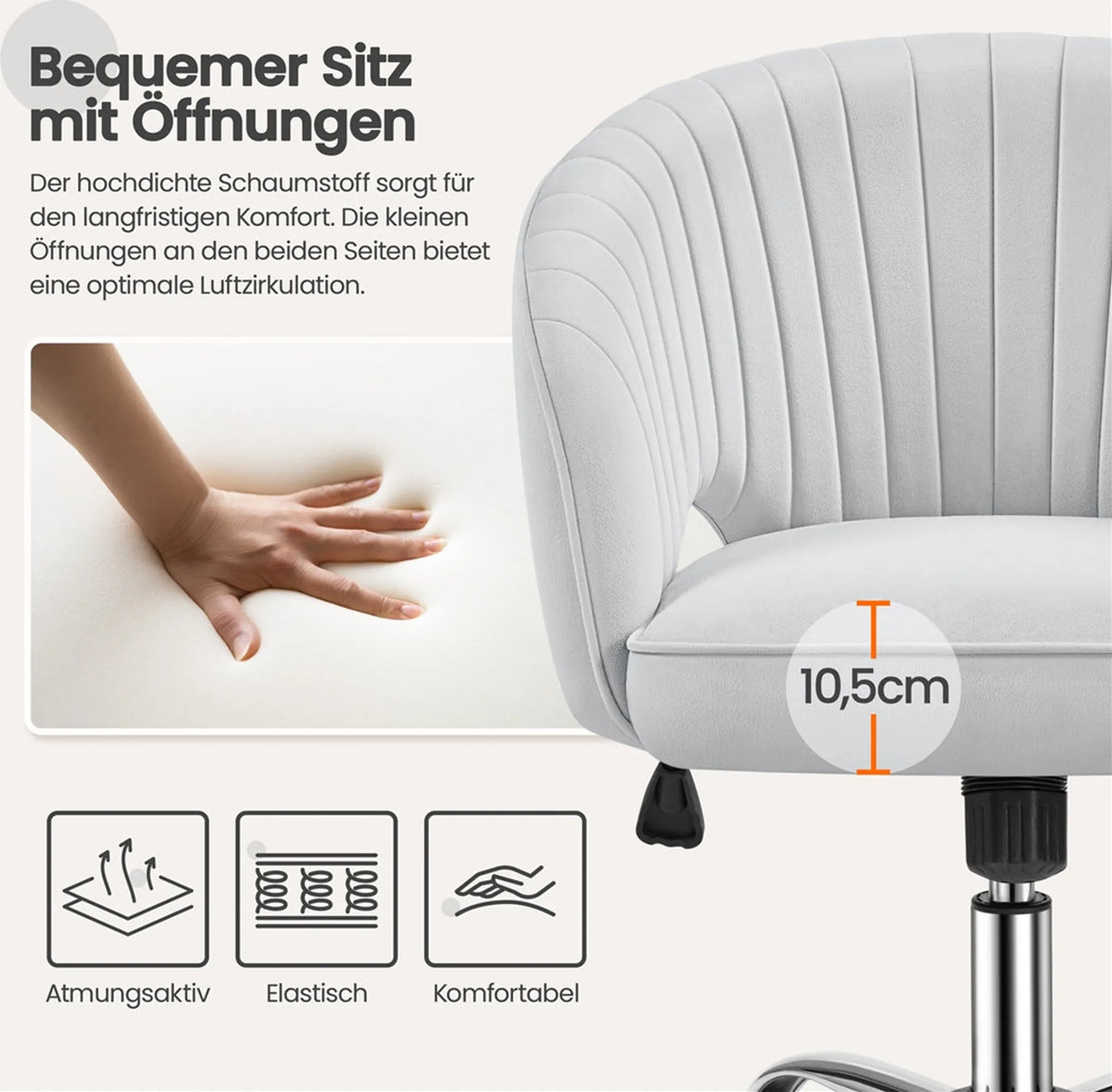 Yaheetech Fauteuil de bureau Fauteuil - 60 x 56,5 x 73-83 cm - avec rembourrage doux et velouté, hauteur d'assise réglable et fonction relaxante - pour le bureau et la salle de réception - polyester gris clair et métal