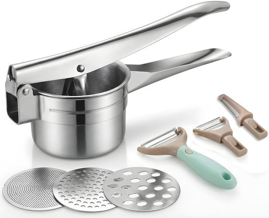 Presse-pommes de terre Qualisce - Presse-purée - Pilon à purée - Presse-pommes de terre à 3 disques - Écrase-purée - Avec éplucheur multifonction