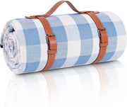 Nappe de pique-nique XXL avec fond imperméable - 200 x 200 cm - Poignée en cuir - Bleu ciel/blanc