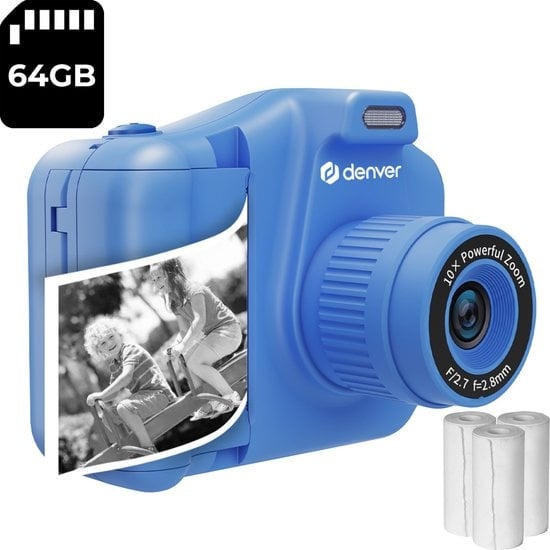 Denver Kids' Camera Full HD with Printer - Selfie Camera - 48MP - Digital Camera Kids - Photo and Video - Games - KPC1370 - Blue