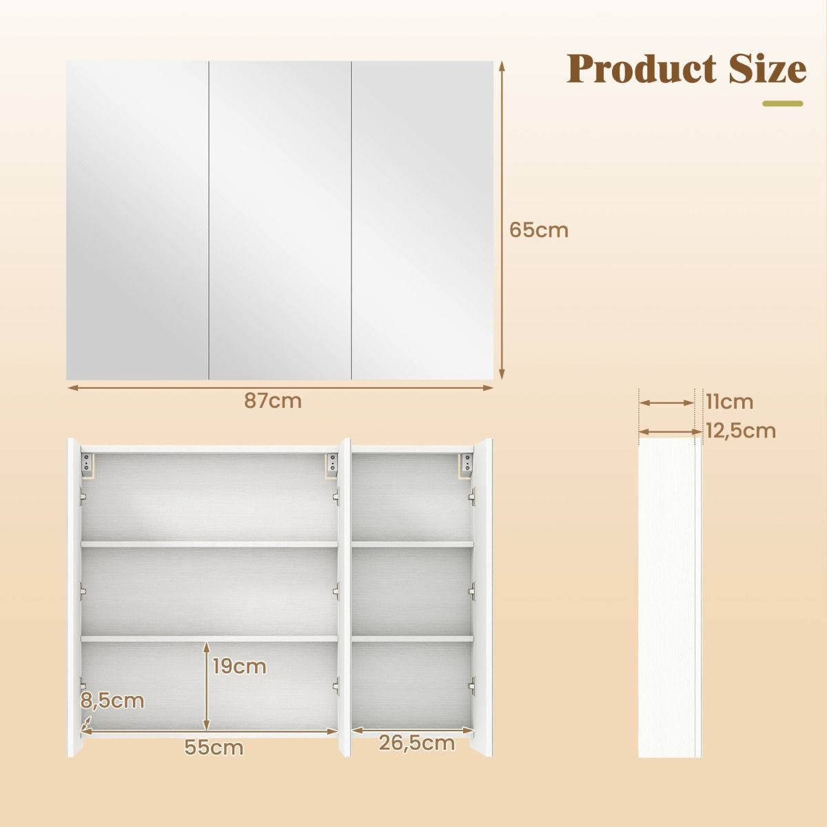 Armoire de salle de bains avec miroir mural Coast - trois portes - 6 compartiments - blanche - 87 x 65 x 12,5 cm