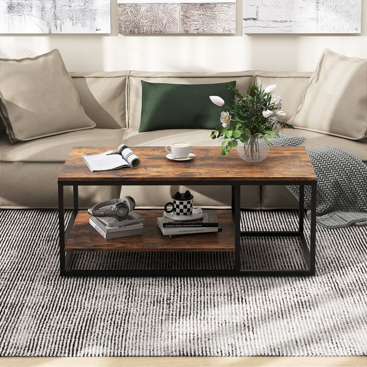 Table basse Coast - rectangulaire - 2 niveaux de rangement - marron rustique et noir - 105 x 50 x 42,5 cm