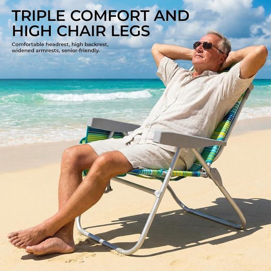 Lot de 2 chaises de plage de luxe - Réglables (5 positions) - Pliables avec sangles de sac à dos, sac isotherme et porte-serviettes - Rayures vertes et bleues