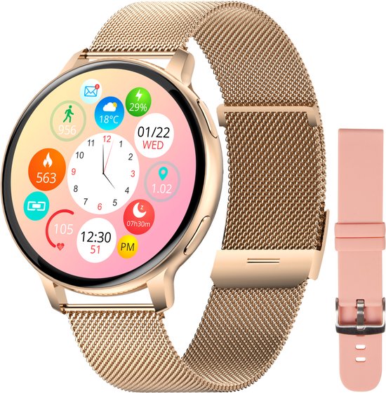 Nuvance Smartwatch Ladies - avec bracelet en acier inoxydable et en silicone - mesure le sport, le sommeil et le corps - or rose