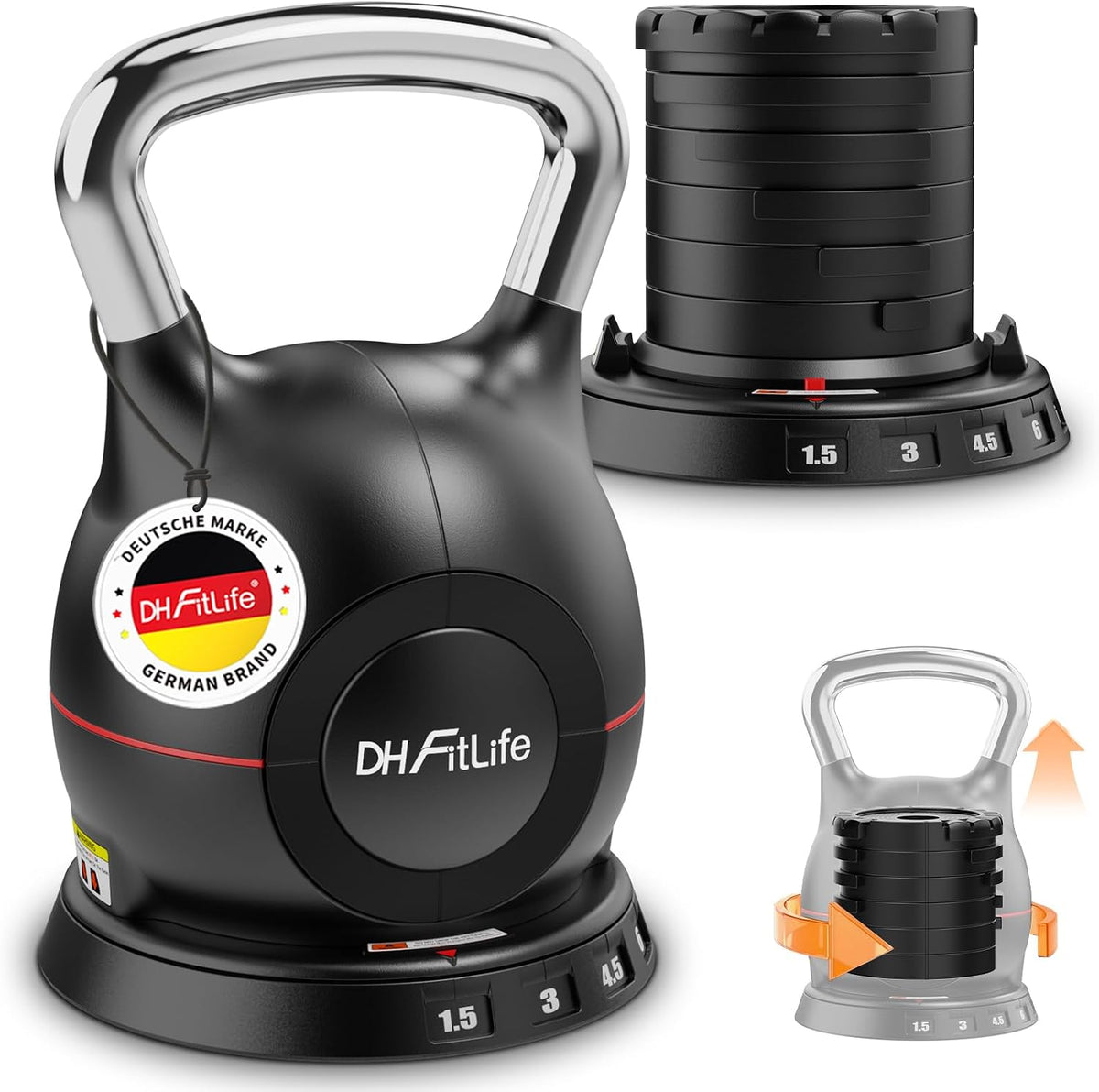 Kettlebell réglable DH FitLife 7-en-1 - 1,5 à 10 kg - 7 niveaux de poids - 20 x 20 x 30 cm - Noir