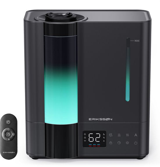 Humidificateur Erikssøn Elite - 8 litres - Adapté au salon, au bureau, à la chambre à coucher, à la chambre de bébé - Humidificateur - Avec fonction d'aromathérapie - Noir