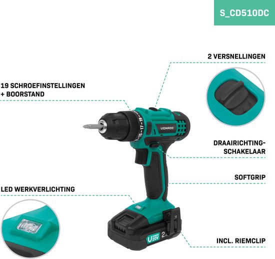 VONROC Perceuse sans fil 20V - 19 positions de vissage + position de perçage - 2 embouts inclus - Batterie 2.0Ah et chargeur rapide inclus