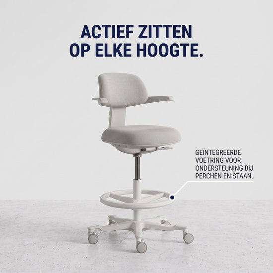 Tabouret de travail ergonomique Backerz avec repose-pieds annulaire - Chaises de bureau pour adultes - Entièrement réglable, jusqu'à 120 kg - Chaise de bureau - Chaise de gaming - Blanc