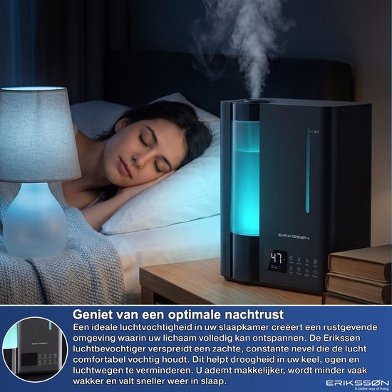 Humidificateur Erikssøn Elite - 8 litres - Adapté au salon, au bureau, à la chambre à coucher, à la chambre de bébé - Humidificateur - Avec fonction d'aromathérapie - Noir