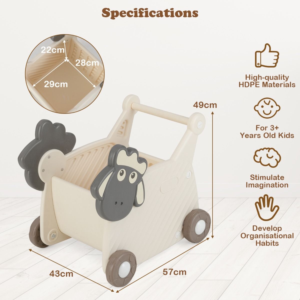 Chariot pour enfants Coast Schaap - Chariot de rangement et trotteur 2-en-1 - 18 litres - Beige et gris