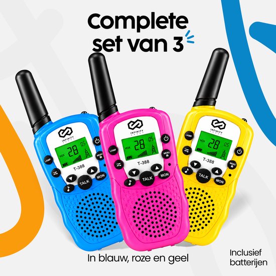 Talkie-walkie Infinity Goods - Pour enfants et adultes - Lot de 3 - Piles incluses - Portée de 3 km - Bleu, rose et jaune