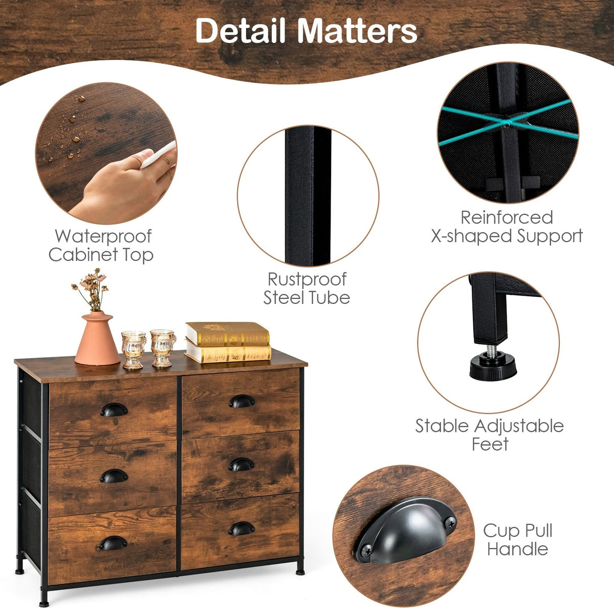 Commode Coast - avec 6 tiroirs - bois - 3 niveaux - brun rustique
