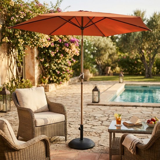 Parasol AXI Noor à tige Ø 300 cm, aspect chêne/terracotta – Armature thermolaquée – Inclinable