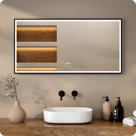 Miroir de salle de bains Mirlux avec éclairage LED et chauffage – Miroir mural rectangulaire – Miroir de douche anti-buée – 120 x 60 cm – Cadre noir