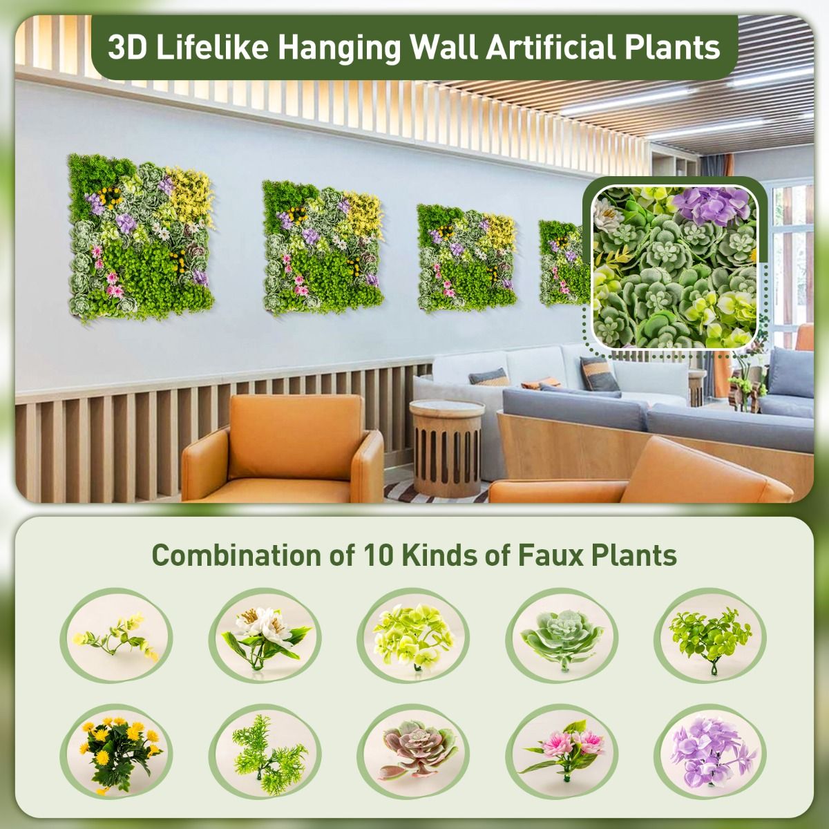 Panneaux muraux Coast avec plantes artificielles - lot de 2 - haie artificielle en 3D - mélange de 10 variétés de plantes - 50 x 50 cm - vert et marron