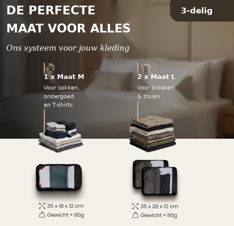 Lot de 3 cubes de rangement compressibles LOONARA Travel, beige, 35 x 28 x 10 cm