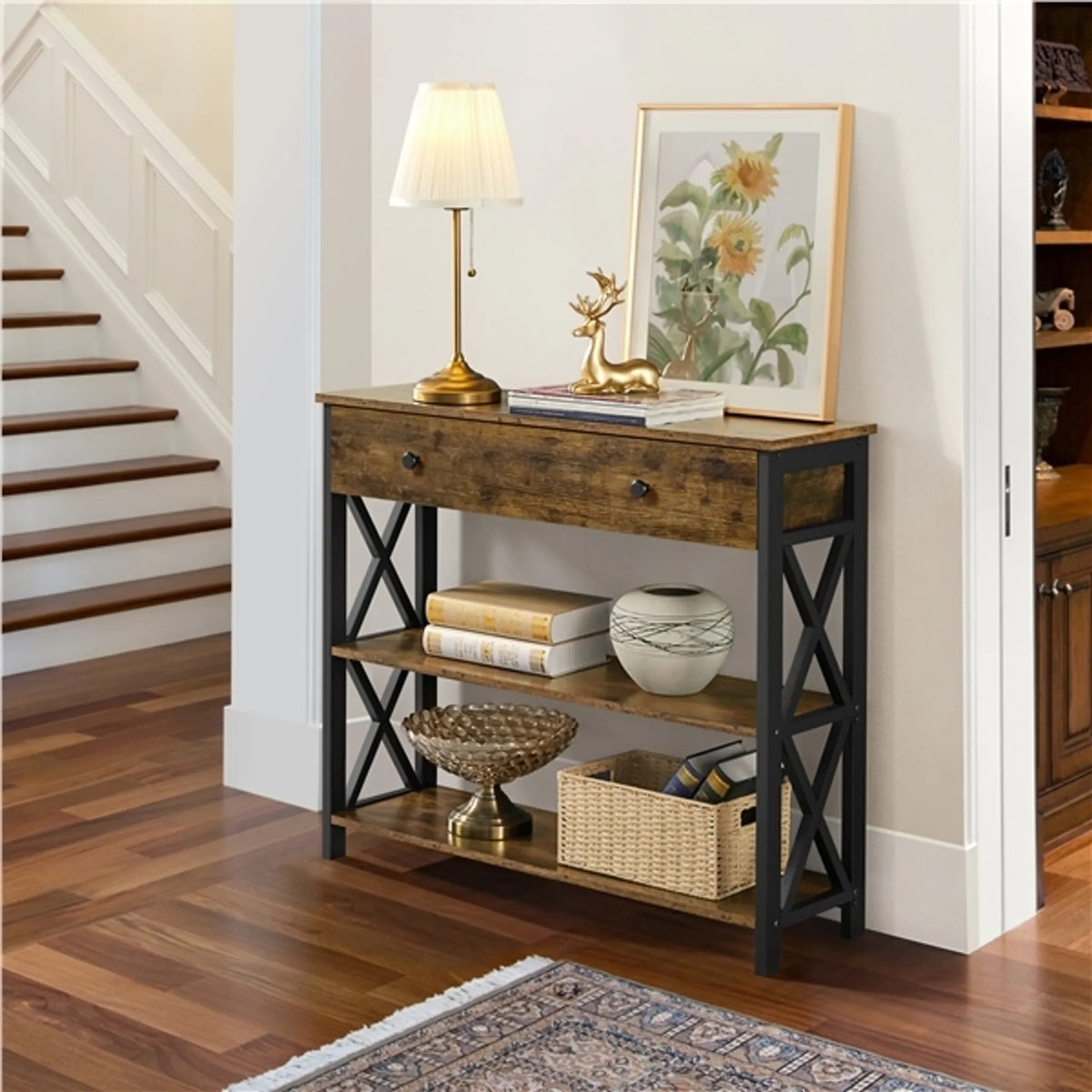 Yaheetech : petite console avec tiroir et 2 étagères - 80 x 29,5 x 81 cm - Brun rouille