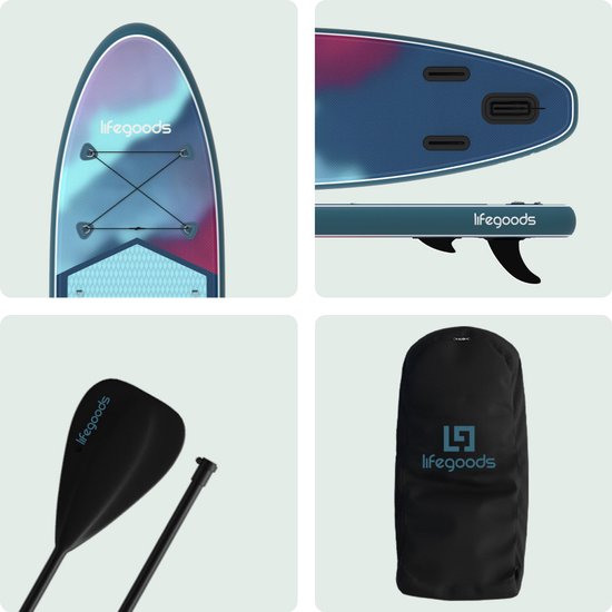 LifeGoods SUP Board All-round Compact - 100 KG Load Capacity - 300 x 76 cm - Inflatable - Complete SUP Package - Blue/Purple