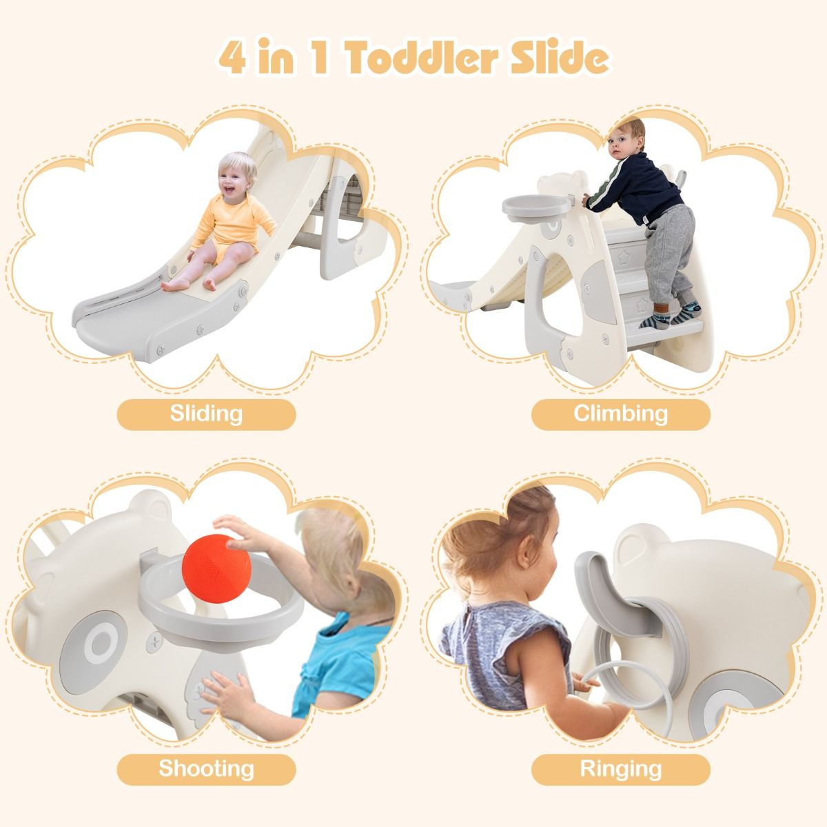 Toboggan pliable pour tout-petits Coast - Structure d'escalade 4-en-1 - Panier de basket - Gris