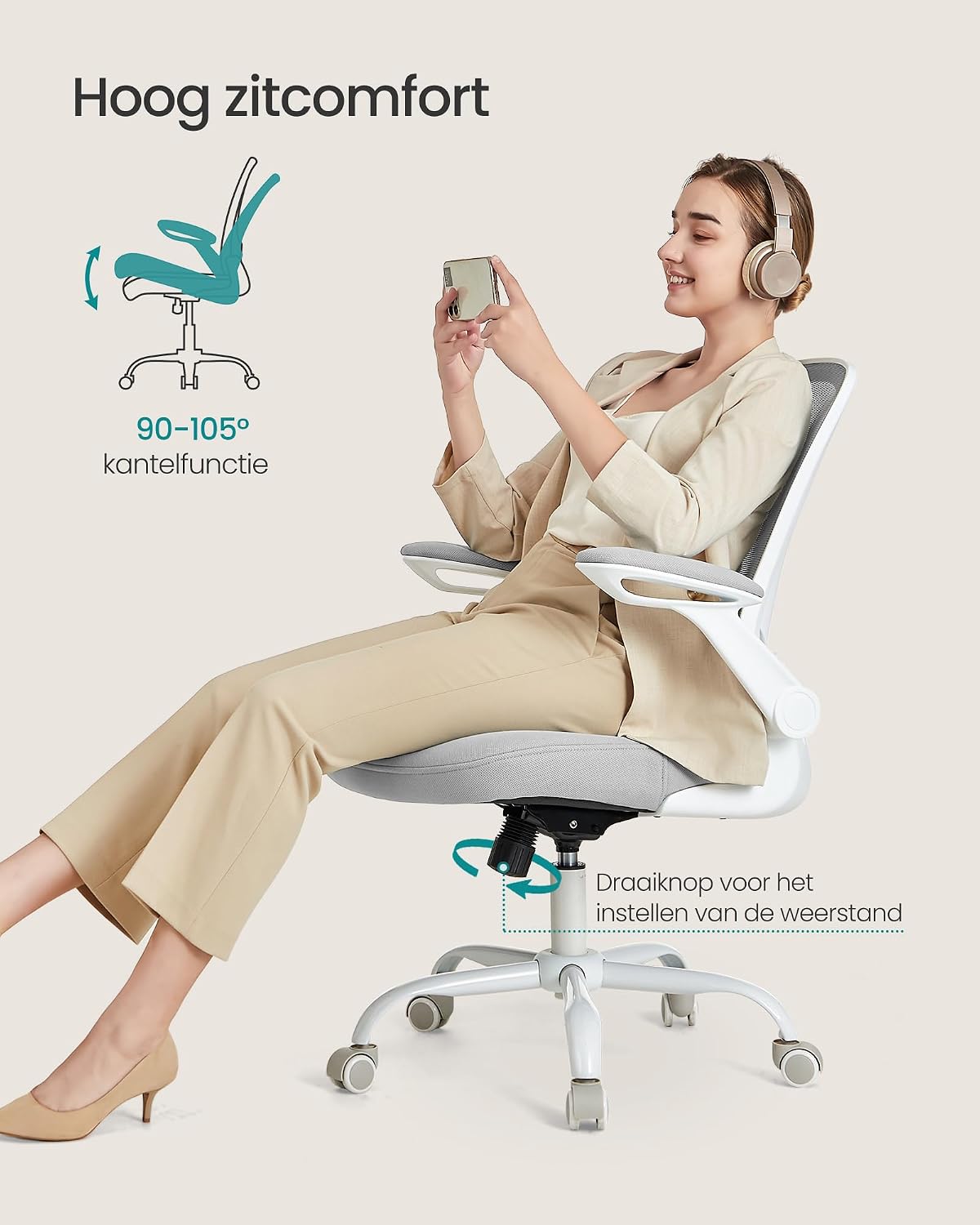 Chaise de bureau ergonomique Songmics KIME - Gris clair - 64 x 64 x (99–107) cm