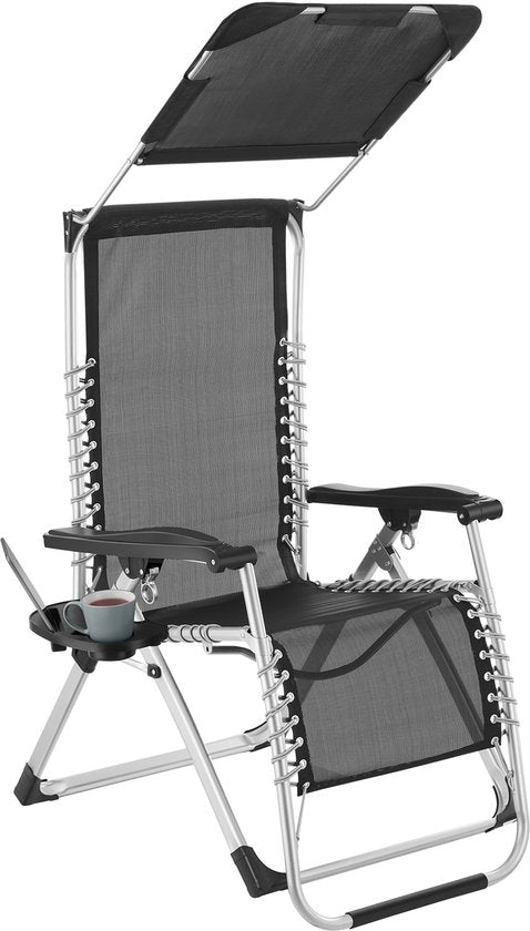 tectake® Chaise longue pliable avec parasol - Chaise de jardin avec table - Porte-gobelet - Réglable à l'infini - Pour balcon, camping ou jardin - Chaise de relaxation avec coussin extra épais - Chaise de plage - Chaise longue - Diverses couleurs - Noir
