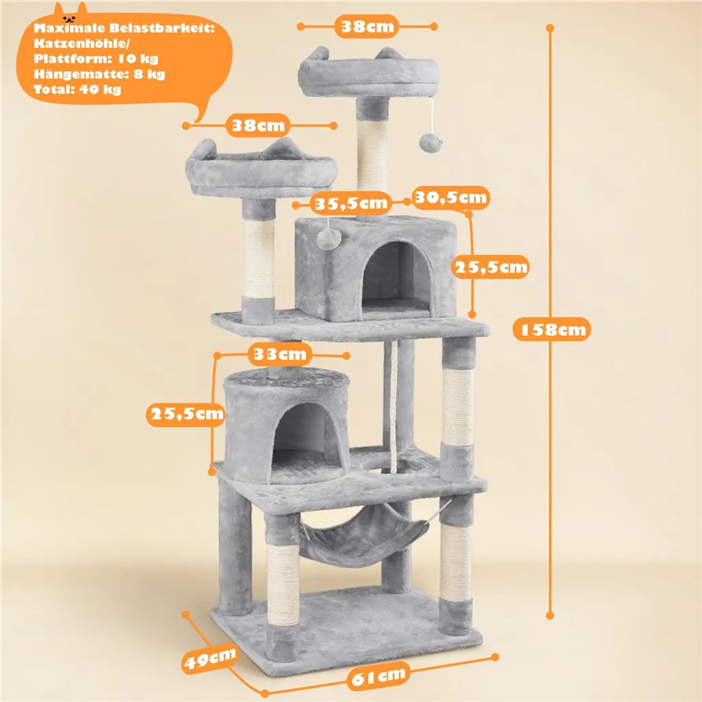 Arbre à chat Yaheetech 158 cm - Gris clair - Arbre à chat avec 2 grottes, un hamac et des poteaux en sisal