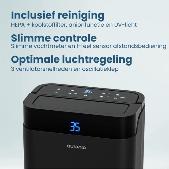 Déshumidificateur et purificateur d'air Auronic - Better Plus Series - Déshumidifie 12L par jour - Réservoir d'eau de 5L - Chambre à coucher, salle de bain, salon et bureau - Dévoreur d'humidité pour la maison - Noir