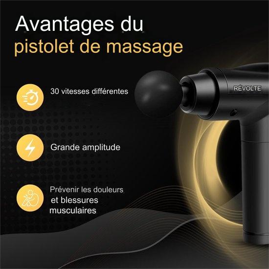 Pistolet de massage – Revolt – 30 vitesses – 6 embouts – Batterie 2500 mAh – Soulagement musculaire – Noir
