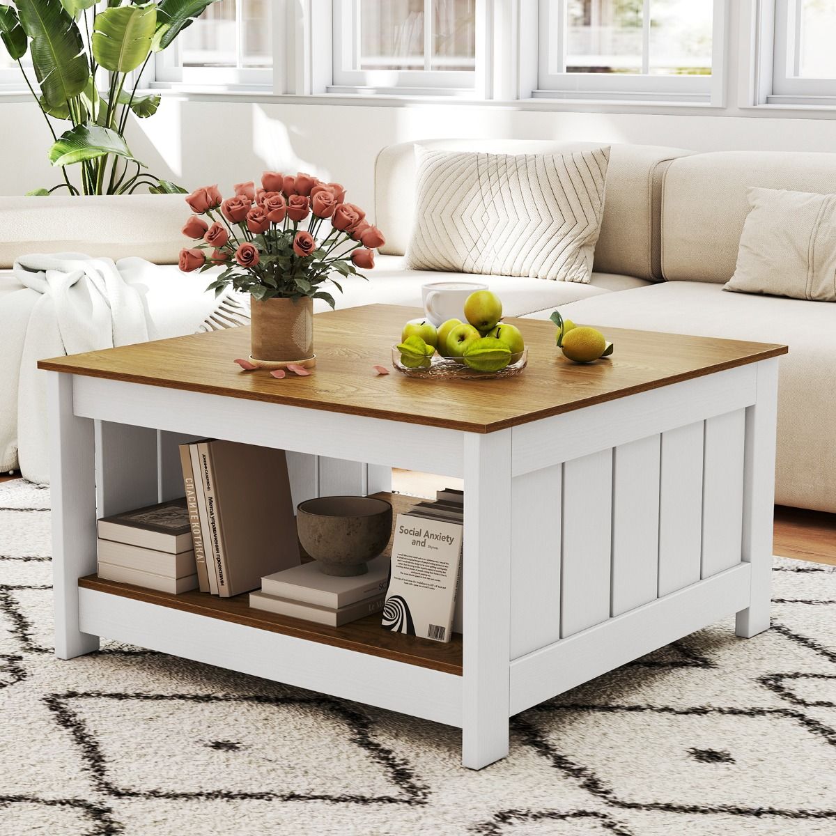 Table basse Coast en bois - 2 niveaux - Espace de rangement - Naturel et blanc - 80 x 80 x 45 cm