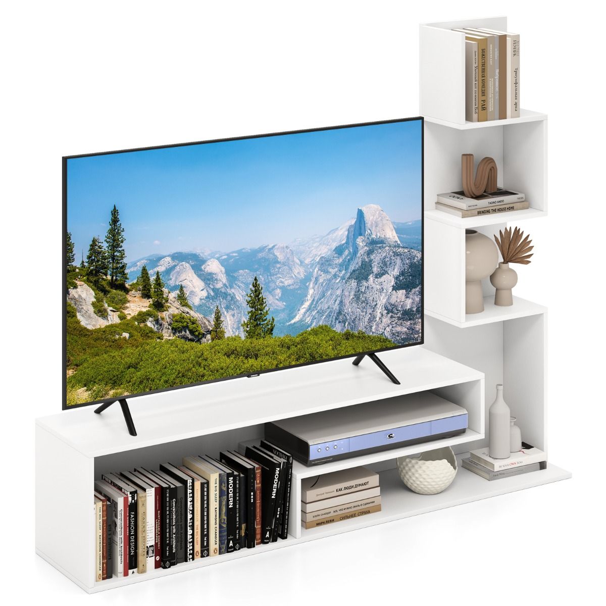 Meuble TV Coast - de forme cubique - étagères de rangement en L - blanc/marron - pour téléviseurs jusqu'à 50 pouces