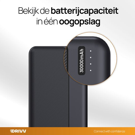 Drivv. Powerbank 30 000 mAh - Chargeur rapide 22,5 W - USB 3.0 - USB-C - Micro USB - Noir