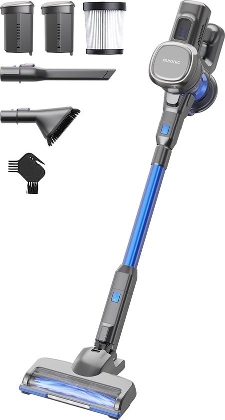 Aspirateur Balai - Auronic - Sans fil - Sans sac -Double batterie - Filtre HEPA lavable - 220 W  - Gris/Bleu
