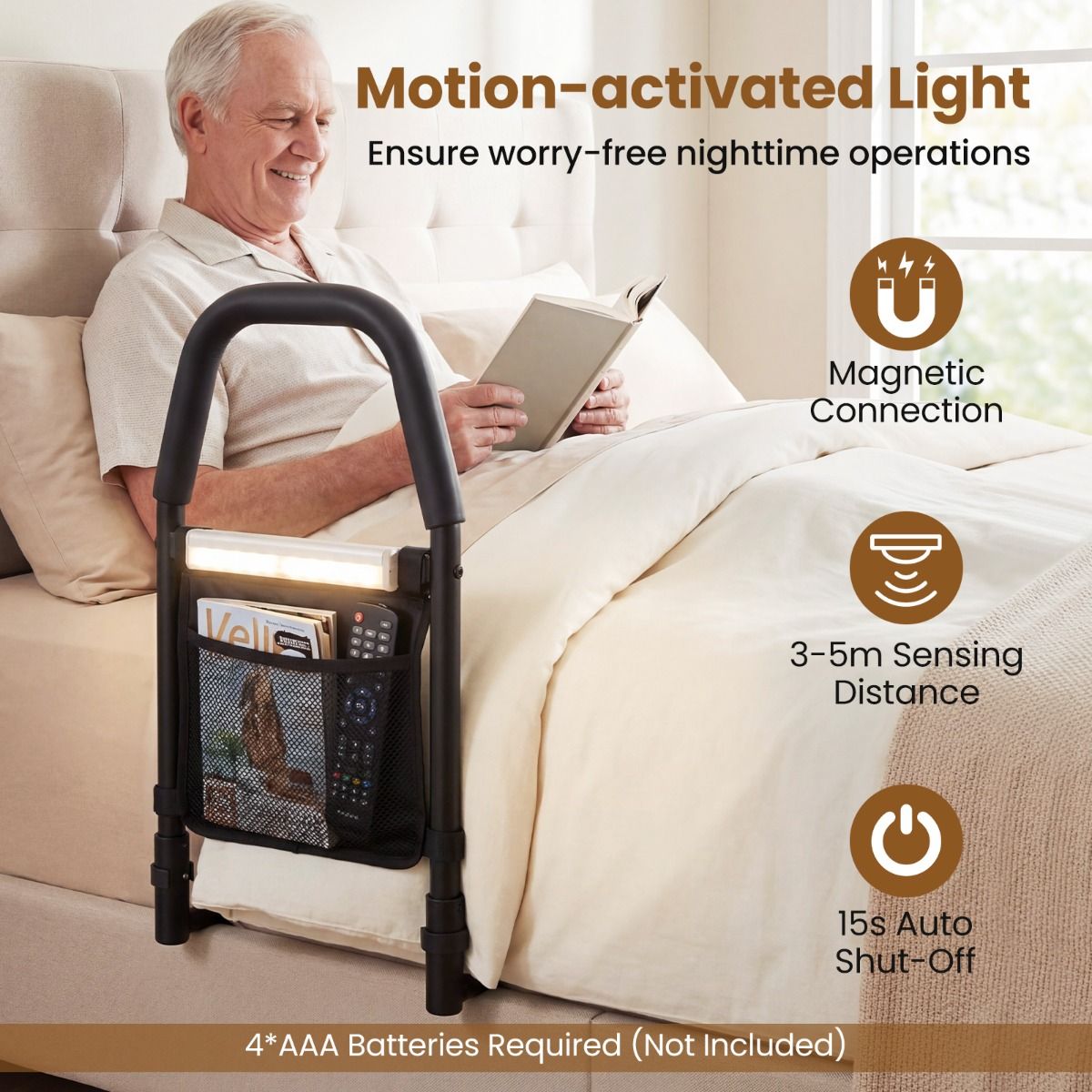 Barrière de lit Coast avec poignée de sécurité - Veilleuse LED avec détecteur de mouvement - Compartiment de rangement - Noir
