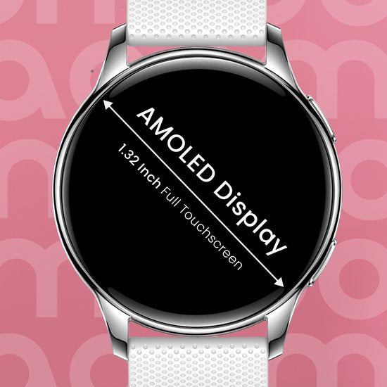 Maoo Ventura AMOLED Smartwatch Ladies - Acier inoxydable et bracelet en silicone 3x - Podomètre - Moniteur de fréquence cardiaque - Moniteur de sommeil - Multisport - Convient à Android et iOS - Argent et blanc
