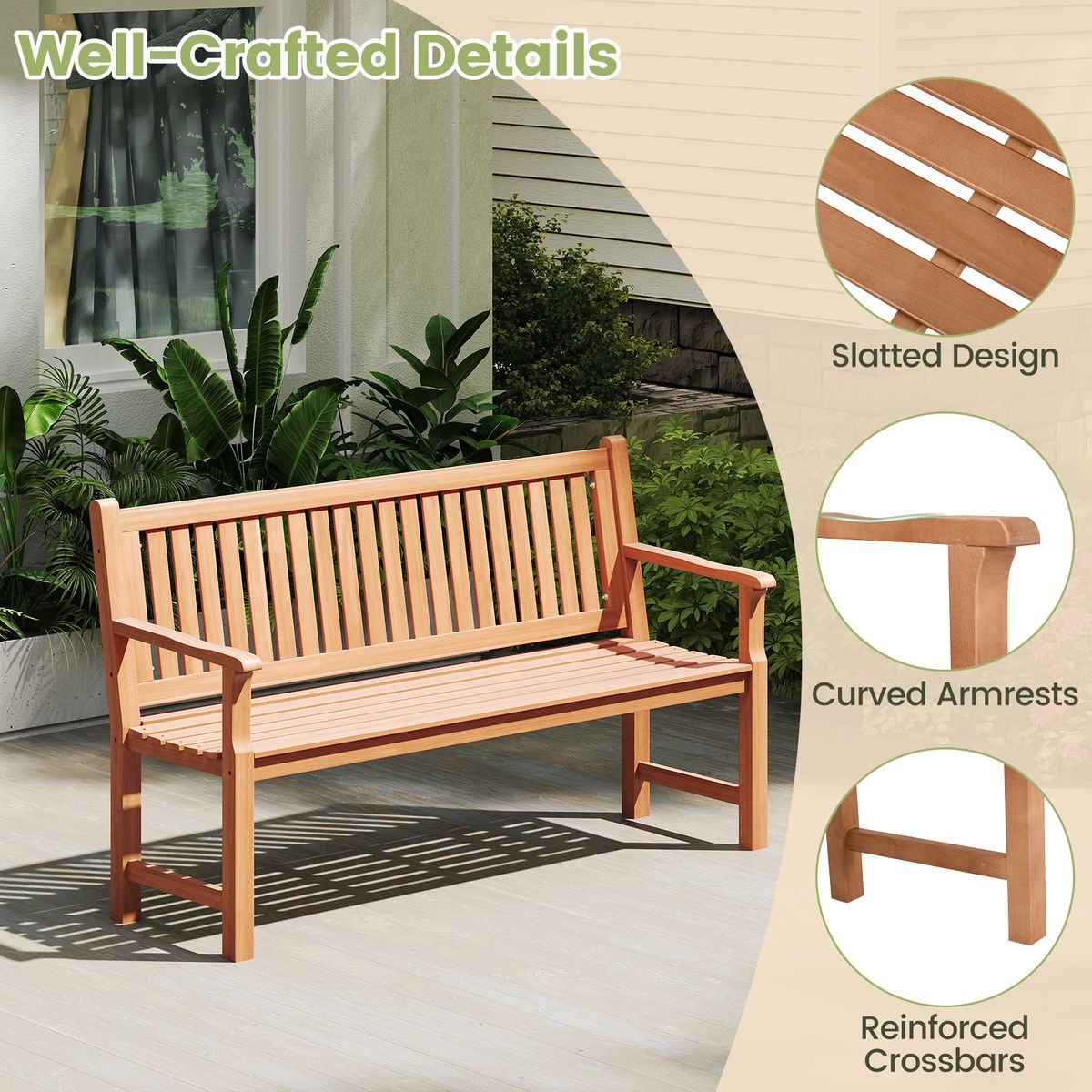 Banc de jardin Coast - banc trois places en bois de pin - dossier et accoudoirs ergonomiques - couleur naturelle - 150 x 53,5 x 89 cm