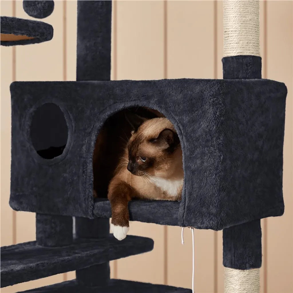 Yaheetech Poste à griffer pour chat 139 cm de haut - 3 plateformes d'observation - 2 enclos confortables pour chat - Noir