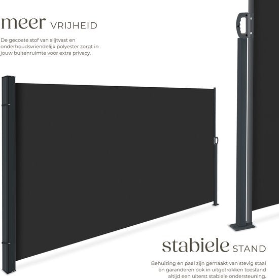 tectake® Pare-vent télescopique avec mécanisme d'enroulement - 300 x 180 cm - Auvent latéral avec armature en aluminium - Pare-soleil - Pare-vue de jardin - Pare-vue noir pour balcon - Pare-vue opaque - Toile de store